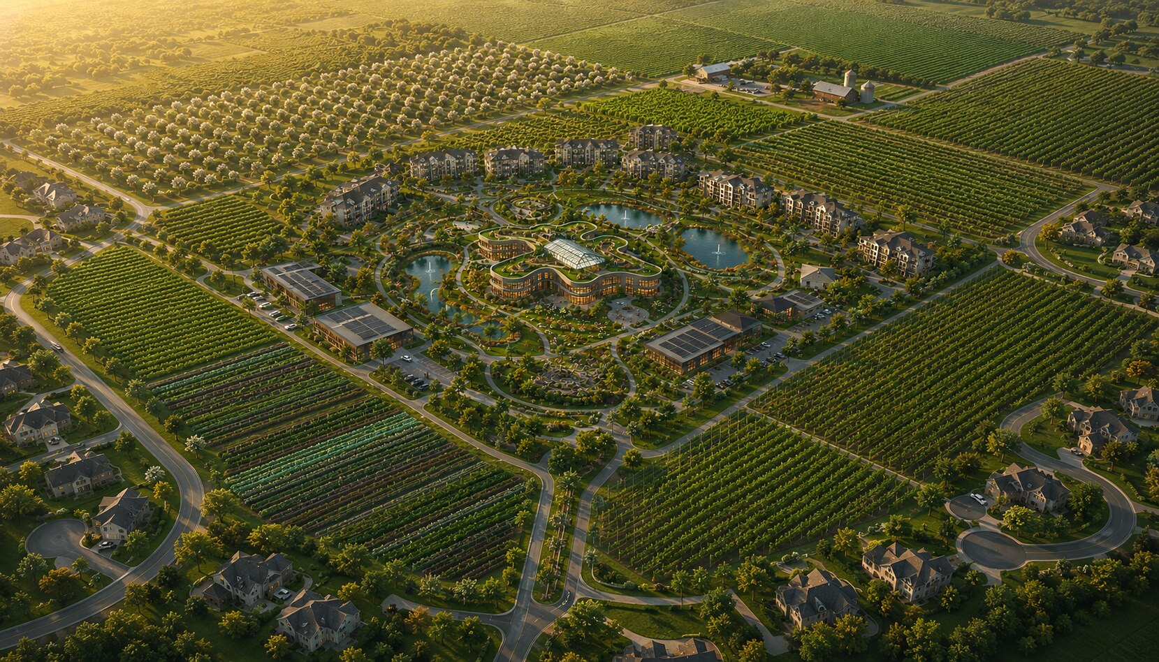 Aerial view of Midwest Roots, a regenerative multigenerational village on 400+ acres between Denver and Fort Collins, Colorado, at golden hour.
